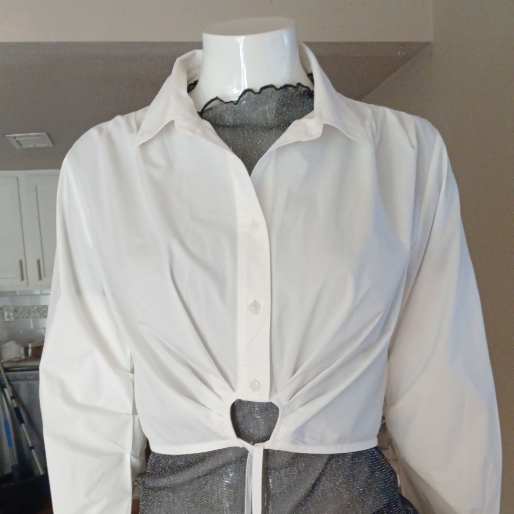 Frame Denim White Notched Collar Long Sleeve Blouse